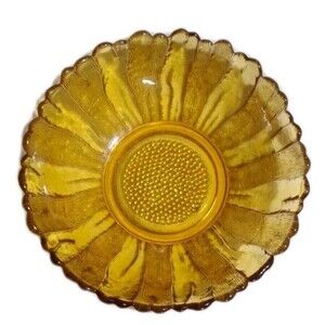 Vintage Amber Sunflower Glass Serving Bowl 10in Round Heavy Honey Gold 3in Depth